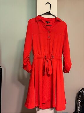 XOXO Bright Red orange Long-Sleeve Shirt Dress with Tie Waist #. 38